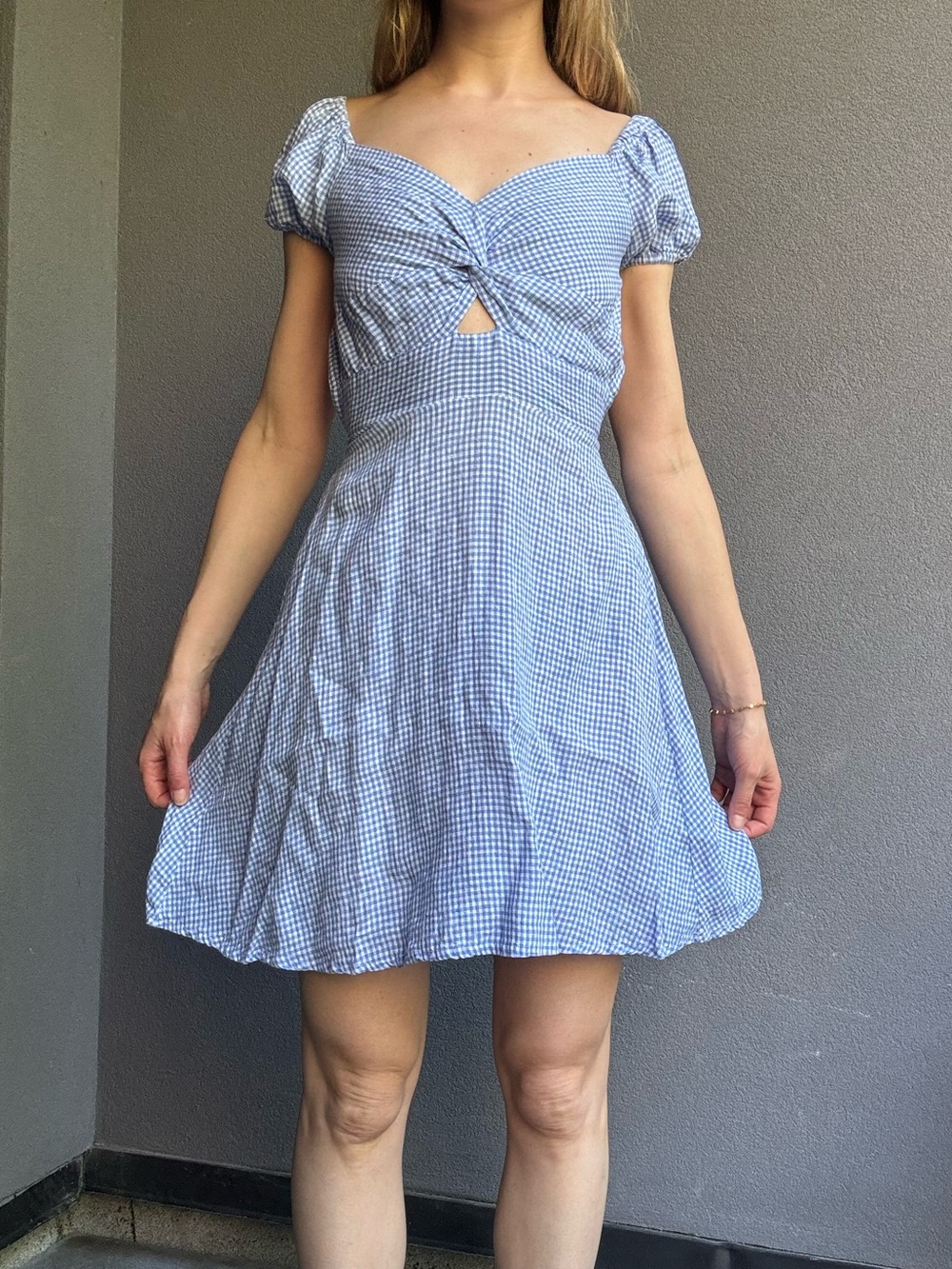 Italian Blue Linen Gingham Puff-Sleeve Mini Dress - Size XS